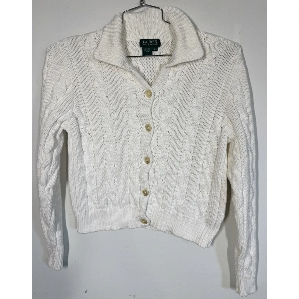Lauren Ralph Lauren White Chunky Cable Knit Button Up Mock Neck Cardigan Size XL